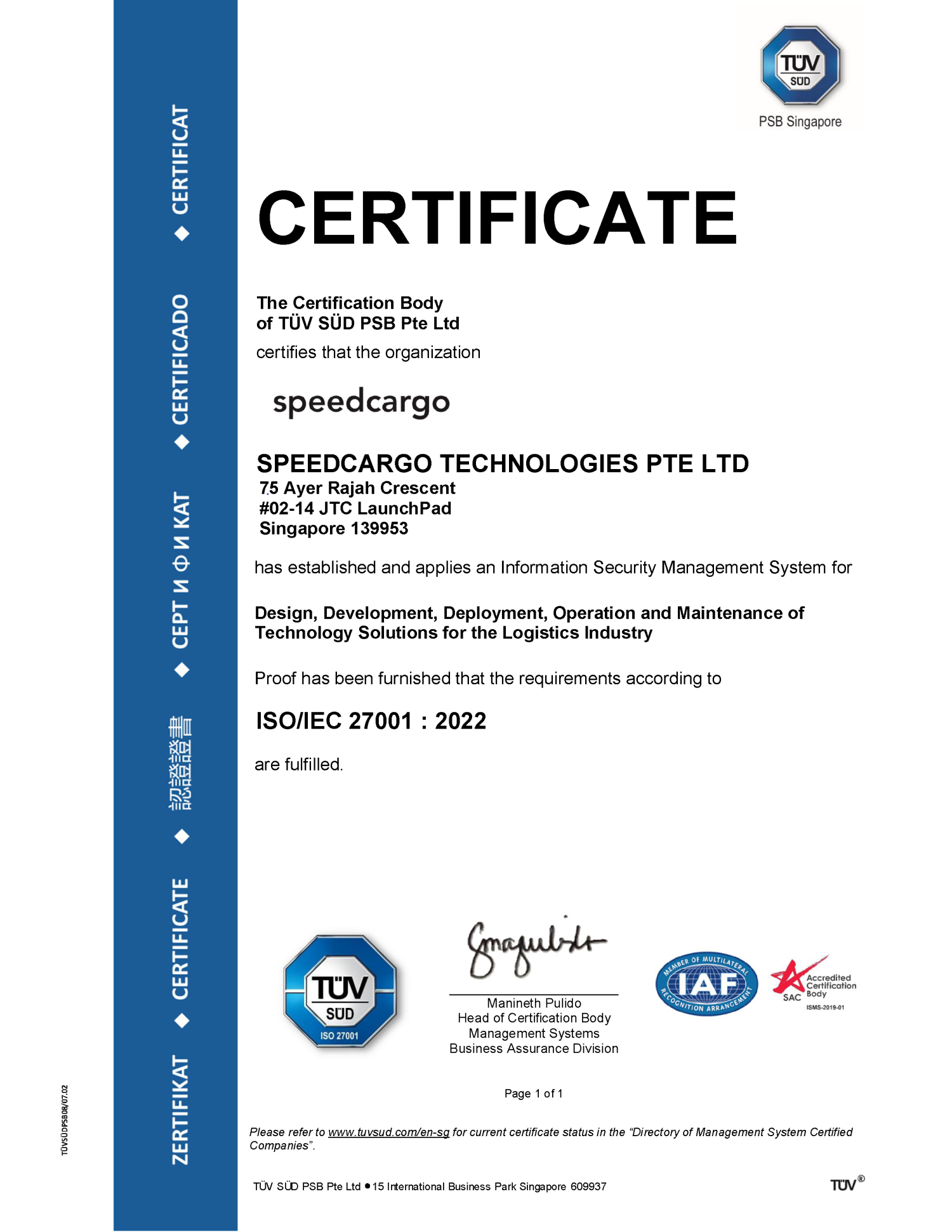 ISO 27001 Certification for Speedcargo Technologies